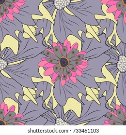 Sketch style violet, yellow and gray color flowers repeatable motif. Hand drawn vector floral seamless pattern for surface design, wrapping paper, fabric, background.