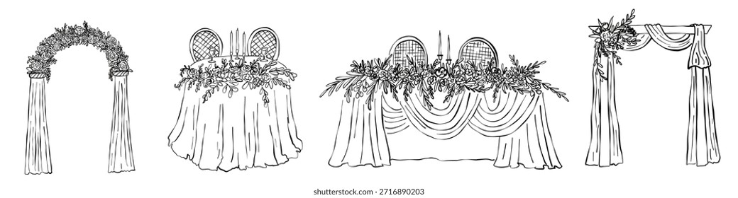 Sketch style wedding arch and table illustration. Hand drawn doodle decorative elements for outdoor ceremony. Vector illustration.