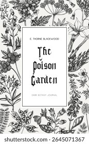 Sketch style witchcraft book cover design. Witch herbs background. Vintage apothecary card template. Poisonous plants hand drawn illustration in sketch style. NOT AI generated