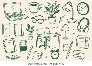 Sketch style workspace illustration featuring a laptop plants and office supplies in vector format