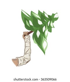 Sketch styled picture. Arm in a cast and Christmas tree, spruce.