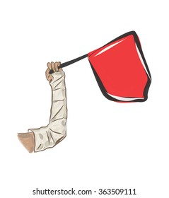 Sketch styled picture. Arm in a cast and rad flag