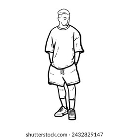 Sketch Stylish boy or guy or man with oversized t-shirt short pants shoes happy face isolated on white background vector modern illustrations