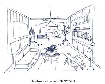 Sketch of stylish living room full of furnishings hand drawn with contour lines. Monochrome drawing of apartment furnished in Scandinavian style. Modern home interior design. Vector illustration.