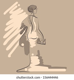 Sketch with stylish woman in long evening dress on a beige background.  Design sketch.
