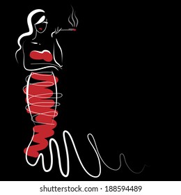 Sketch with stylish woman in long evening dress on a black background. Design sketch.