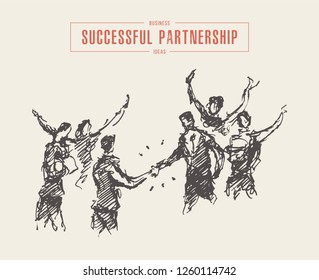 Sketch of a successful business deal, businessmen handshake, partnership, hand drawn vector illustration