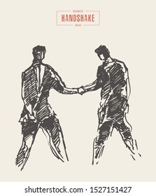 Sketch of a successful business meeting, businessmen handshake, partnership, hand drawn vector illustration