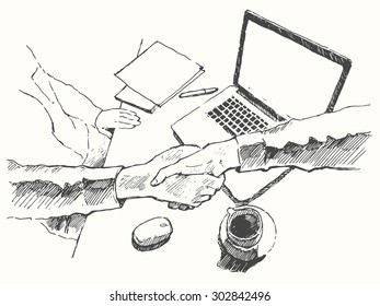 Sketch of a successful business meeting, handshake, partnership, top view, hand drawn vector illustration.