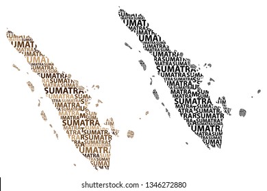 Sketch Sumatra letter text map, Sumatra (Republic of Indonesia, Greater Sunda Islands) - in the shape of the continent, Map Sumatra - black and brown vector illustration