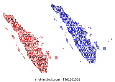 Sketch Sumatra letter text map, Sumatra (Republic of Indonesia, Greater Sunda Islands) - in the shape of the continent, Map Sumatra - red and blue vector illustration