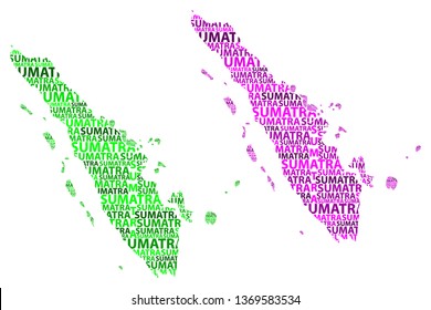 Sketch Sumatra letter text map, Sumatra (Republic of Indonesia, Greater Sunda Islands) - in the shape of the continent, Map Sumatra - green and purple vector illustration