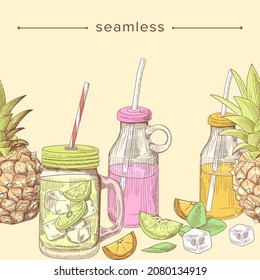 Sketch Summer Cocktail and Fruit Drinks Seamless Doodle Background. Pineapple, Lime or Lemon Slices and Ice Cubes with Mint Leaves in Glass Cups with Lid and Straw. Linear Vector Illustration