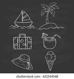 Sketch Of Summer Collection With Coconut Water, Boat And Ice Cream On Chalkboard Background