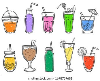 Sketch summer drinks. Glass of soft drink, cold fruit juice and colorful coctalis hand drawn vector illustration set. Drink cocktail glass, juice fruit healthy