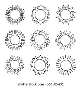 Sketch sun, Hand drawn sunshine symbols. Cute vector doodle suns, Drawing Art illustration