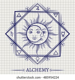 Sketch of sun moon and other alchemy elements on notebook page. Vector illustration