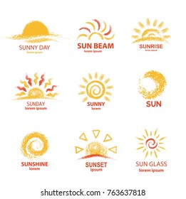 Sketch of sun with text isolated on white background. Template for suny logo design element or icons collection. Vector illustration