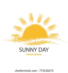 Sketch of sun with text isolated on white background. Template for suny logo design element. Vector illustration