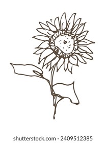 Un boceto de un girasol en forma de doodle sobre papel blanco. Ilustración vectorial de esbozos de tinta. Silhouette de tracción manual con una rama floral y salida minimalista. Un dibujo de línea continua para impresión.