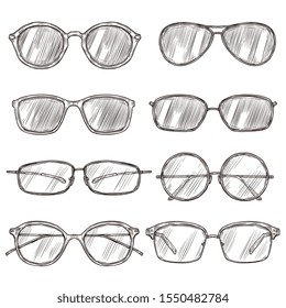 Sketch sunglasses. Hand drawn eyeglass frames, doodle eyewear. Male and female glasses isolated fashion vector vintage set