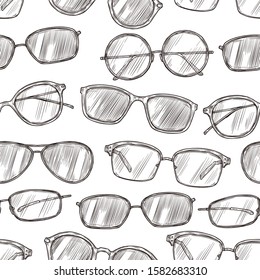 Sketch sunglasses seamless pattern. Hand drawn beach glasses 80s retro vector texture