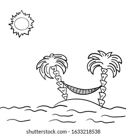 Sketch of the sunny beach with a hammock between palm trees. Drawn by hand. Simple vector illustration.