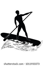 Sketch - Surfer - man swims on an inflatable board with a paddle - wave in grunge style - isolated on white background  art vector.