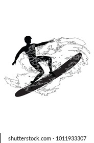 Sketch - Surfer - man - wave in grunge style - isolated on white background  art vector.