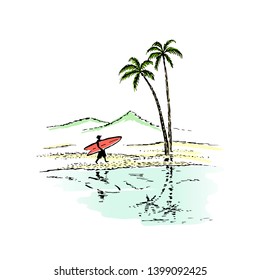 Sketch surfer on the beach, sea, palm trees, mountains. Color with black outlines hand drawing illustration isolated on white background.