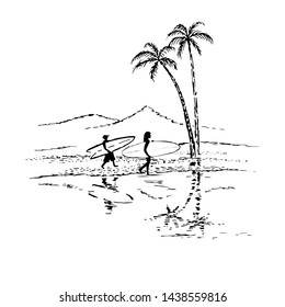 Sketch of surfers man and woman on the beach, sea, palm trees, mountains. Black and white hand drawing illustration on a white background.