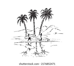 Sketch surfers man   woman the beach  sea  palm trees  mountains  Black   white hand drawing illustration white background 