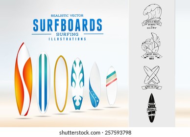 Sketch surfing illustration logo emblem with lettering. Modern realistic icon isolated set of images surfboard with color pattern. set for presentation, infographics, flyer, printing on T-shirt