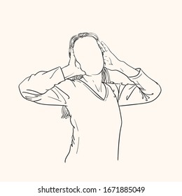 Sketch of surprised woman without face touching her head with hands in excitement, Vector Hand drawn linear illustration