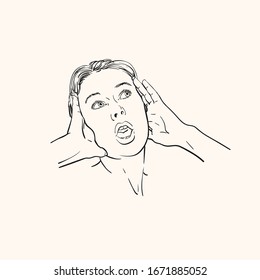 Sketch of surprised young woman looking sideways in excitement, Portrait with hands touching head, Vector Hand drawn linear illustration