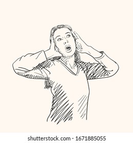 Sketch of surprised young woman looking sideways in excitement, Vector Hand drawn illustration with hatched shades