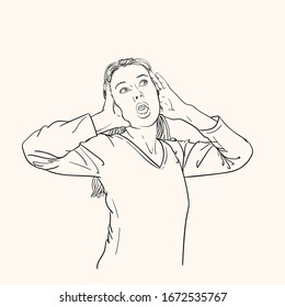 Sketch of surprised young woman looking sideways in excitement, Vector Hand drawn linear illustration
