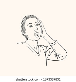 Sketch of surprised young woman looking sideways in excitement, Portrait with hand touching head, Vector Hand drawn linear illustration