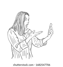 Sketch of surprised young woman talking video call on smartphone, Hand drawn vector linear illustration isolated
