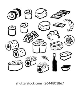 Sketch with Sushi and rolls Japanese food on isolated background. Ink doodle with Onigiri, nori, rice, wasabi, fresh cucumber, toasted sesame, crab meat, soy sauce, sashimi, shrimp, pickled ginger 
