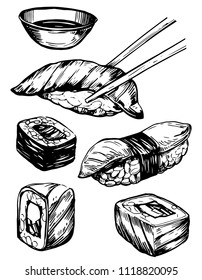 Sketch of sushi and rolls. Vector