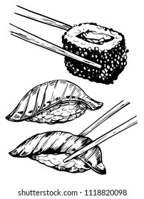 Sketch of sushi and rolls. Vector