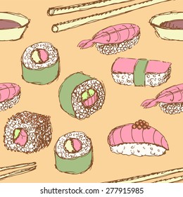 Sketch sushi rolls in vintage style, vector seamless pattern