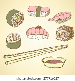 Sketch sushi rolls in vintage style, vector