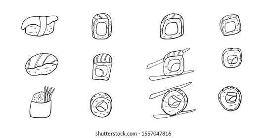 sketch of sushi set vector isolated on white background. Sushi rolls set in black and white. 