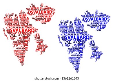 Sketch Svalbard letter text map, Svalbard (Kingdom of Norway,  Norwegian archipelago) - in the shape of the continent, Map Spitsbergen, Nordaustlandet and Edgeoya - red and blue vector illustration