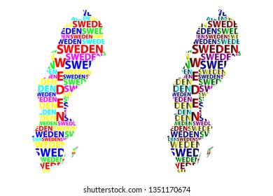 Sketch Sweden letter text map, Kingdom of Sweden - in the shape of the continent, Map Sweden - color vector illustration
