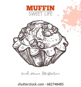 Sketch Of Sweet Bakery With Dried Fruits. Dessert Muffin In Hand Drawn Vector Style.