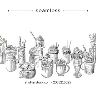 Sketch Sweet Cocktail and Drinks Seamless Doodle Background. Mugs with Chocolate, Sweets, Fruit Slices. Berries and Sprinkles in Glass Cups with Cream Swirls and Straw. Linear Vector Illustration