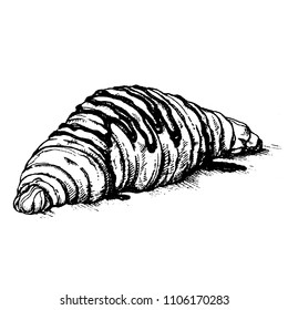 Sketch Of Sweet Croissant decorated with chocolate sauce. Dessert Bakery In Hand Drawn Vector Style.